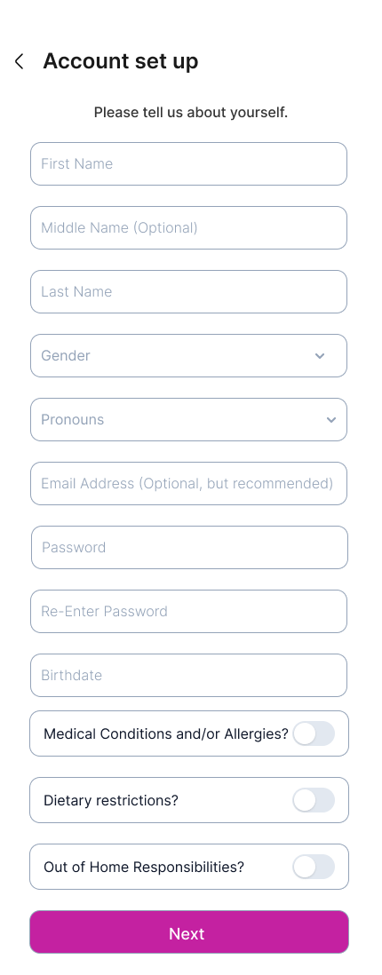 Life Backup Plan Account setup screen Life Backup Plan Account Setup Screen, including Blood Type, Medical Conditions, Allergies, Gender, Pronouns to make the app DEI (Diversity, Equity and Inclusion) compliant, and Birthdate, to assist healthcare workers with their diagnoses