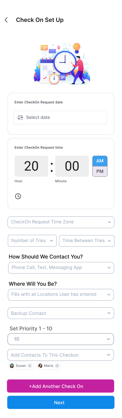 Life Backup Plan Check on setup Life Backup Plan Check On setup screen with contact type, time zone, location