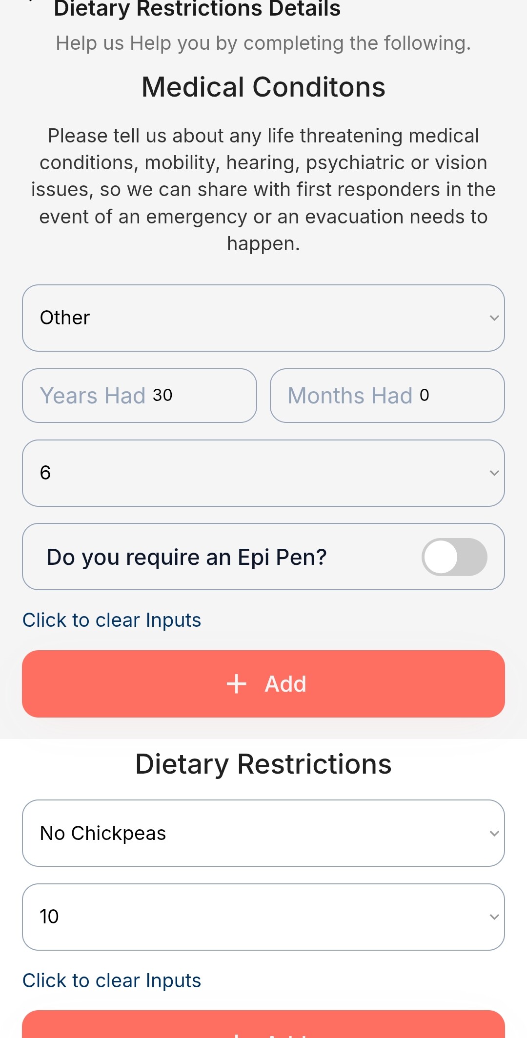 Life Backup Plan Medical and Dietary screen enabling users to enter potentially life saving medical and dietary information so first responders and healthcare workers can help them faster and save money on healthcare costs.