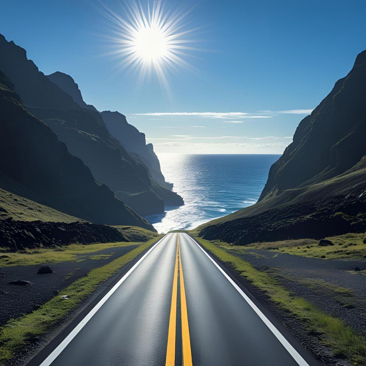 Mountains, a road traveling to a brilliant sunshine overlooking the ocean, depicting the road ahead and success regardless of life's challenges. Life Backup Plan helps manage those challenges.