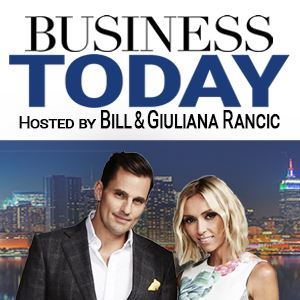 Business Today Show hosted by Bill and Giuliana Rancic logo showing Bill and Giuliana Rancic against backdrop of Chicago skyline