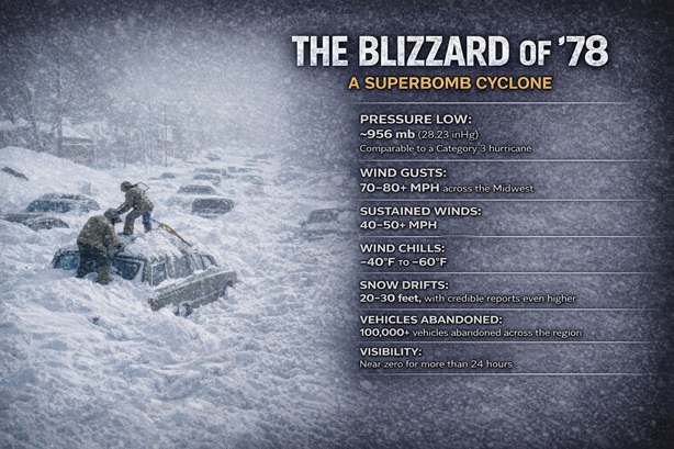 People standing on cars in the Midwest, digging vehicles out during the Blizzard of 1978, illustrating community assistance and response during extreme winter conditions.