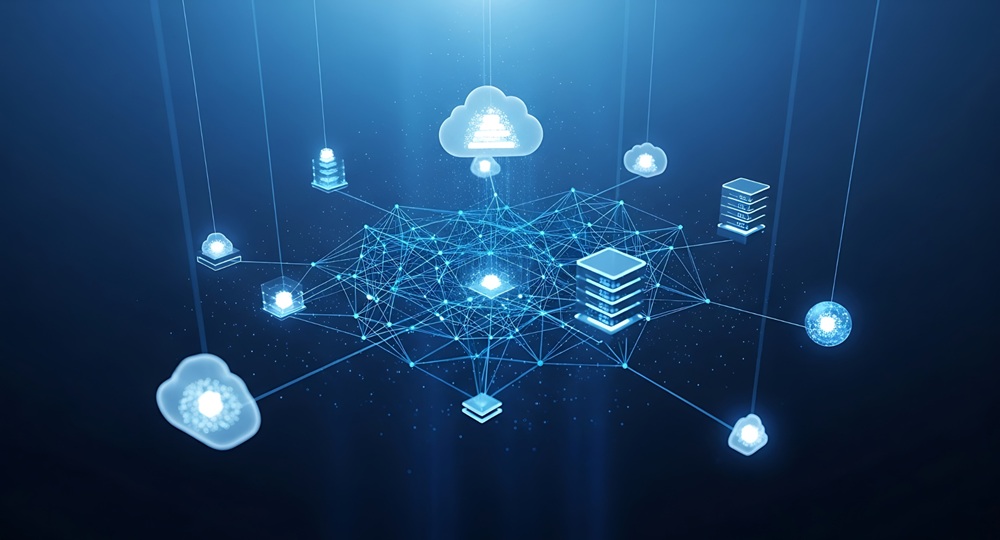 SaaS platform showing interconnected data nodes, distributed systems, AI-enabled pattern recognition, network effects for a defensible technology moat.