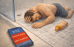 Image of man fallen in shower and hitting head with phone in foreground showing " Missed Check In" from Life Backup Plan and "Help Alerted", demonstrating Life Backup Plan's safety features
