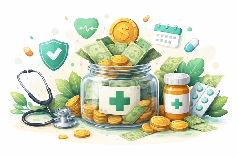Pot of Gold, paper money and coins representing financial savings on healthcare, prescriptions, and ancillary costs