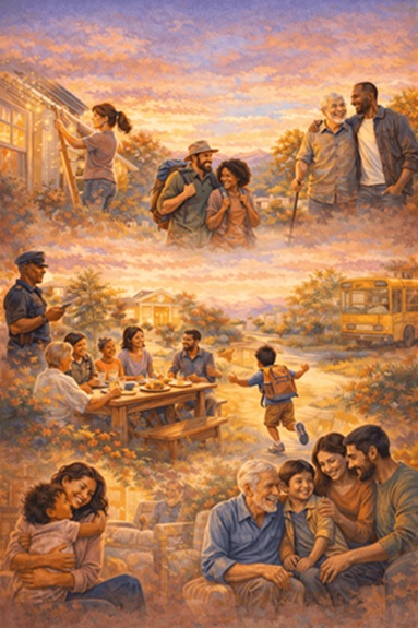 Image depicting the community, connectedness, safety and reliability of Life Backup Plan for multigenerational families, seniors aging in place, couples, singles, women and outdoor adventurers