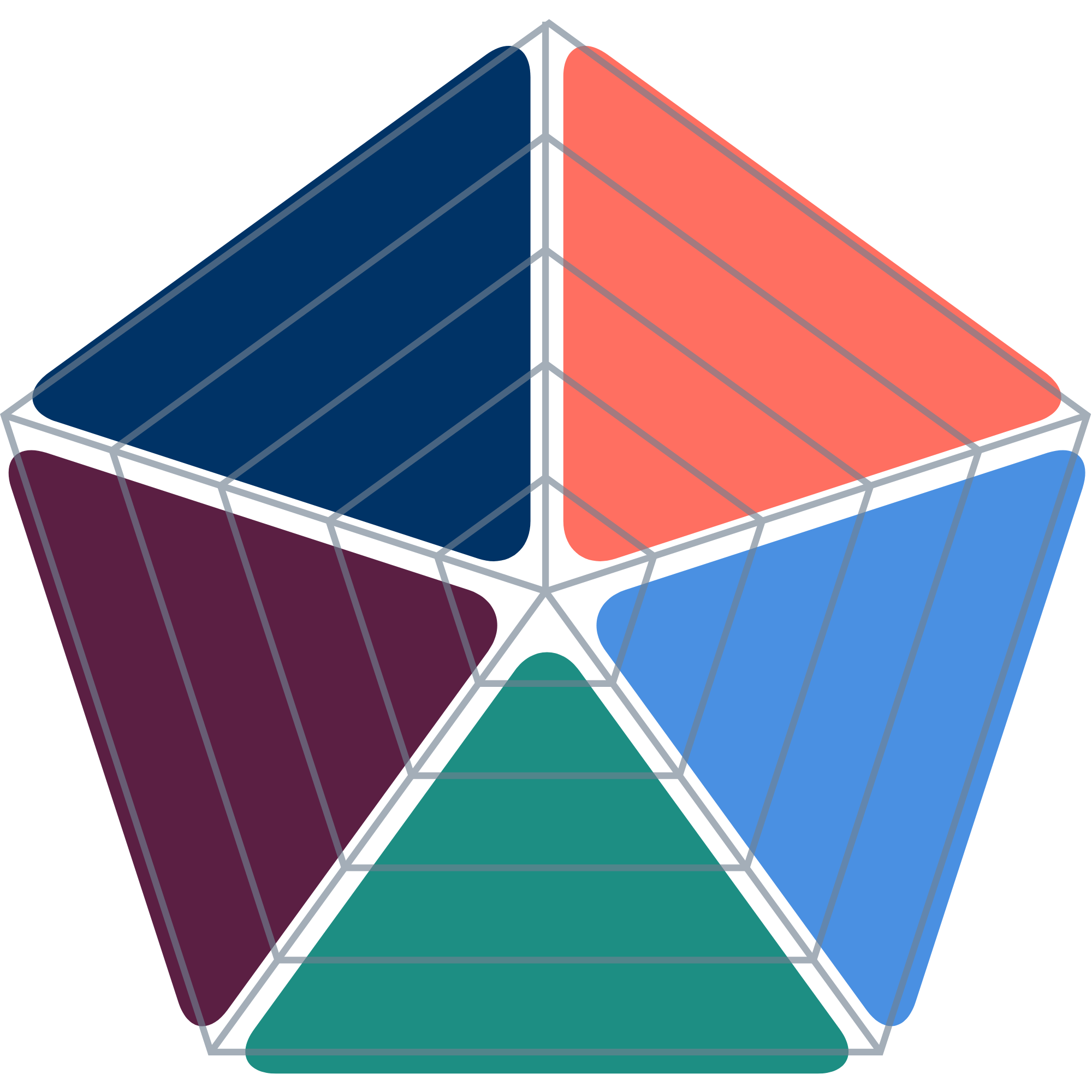 Colored Pentagon for 5 M's of Health and Safety Pentagon comprised of 5 equal triangles in navy, orange, teal, steel blue and a wine color, each triangle representing one of the 5 M's of Health and Safety - Monitoring, Medicine, Metrics, Money and Membership