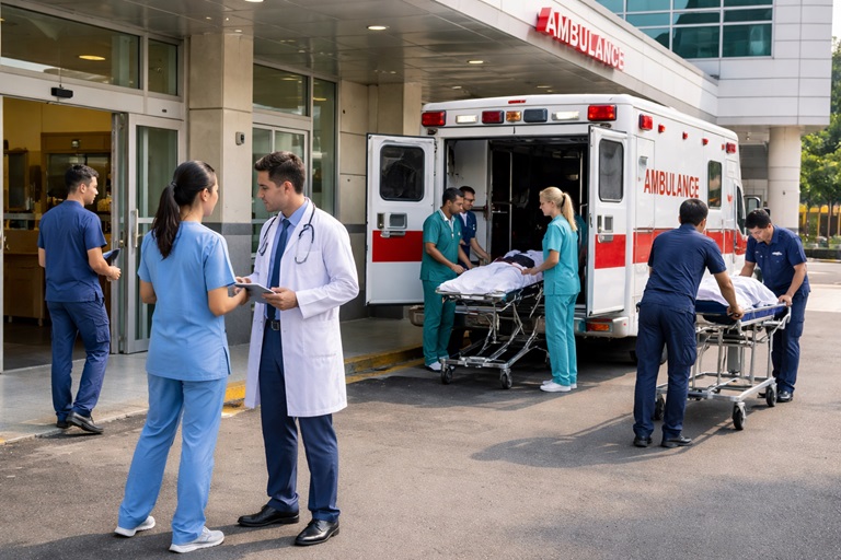 Hospital ambulance bay outside of healthcare environment i.e. hospital with ambulance, nurses, doctors attending to patients