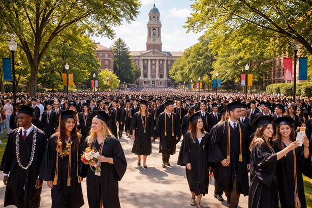 University campus on graduation day University campus on graduation day with graduates in cap and gown, demonstrating how Life Backup Plan helps educational institutions with campus safety and duty of care