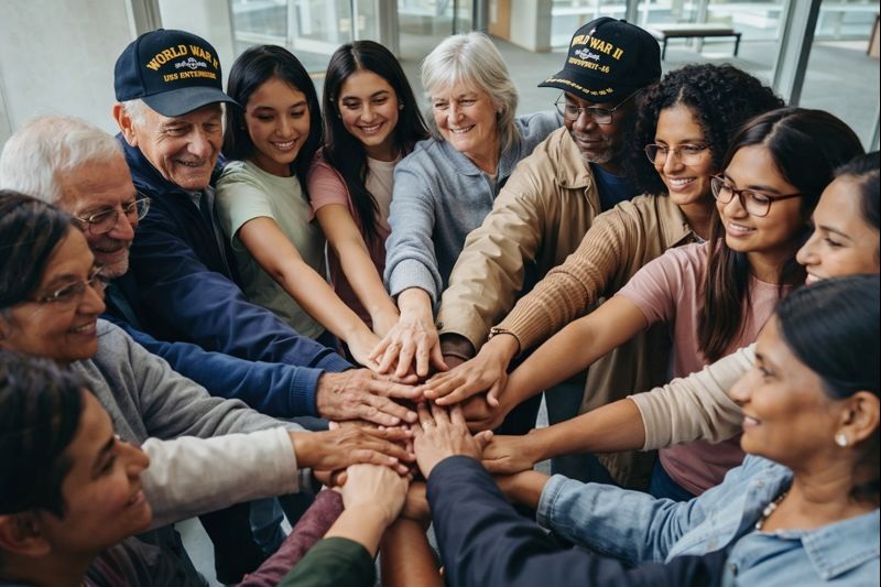 Non-profit Care & Safety Support Across Diverse Communities Diverse community members, including veterans, seniors, people with disabilities, young men and women, and caregivers, symbolizing non-profit support for elder abuse prevention, domestic violence prevention, human trafficking prevention, and aging services through Life Backup Plan.