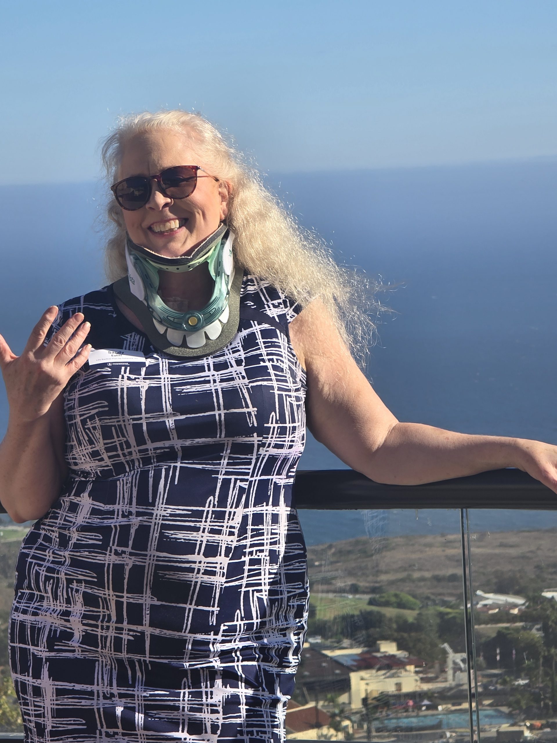 Sandy Eulitt in Cervical hard collar 9 days post op C7 - T1 ACDF and PCDF, at Pepperdine Most Fundable Companies Showcase event, Sept. 24, 2025