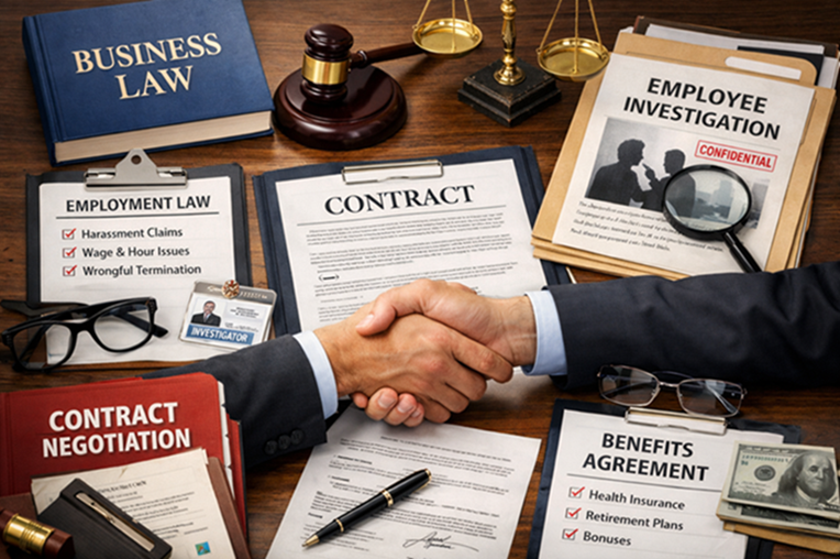 Contract negotiation, business law and employee benefit negotiation books depicting business law.