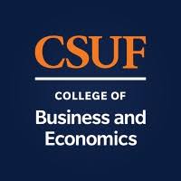 California State University Fullerton (CSUF) College of Business and Economics logo in black background with orange and white lettering