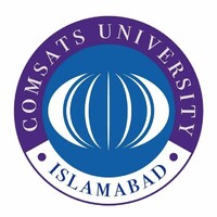 Comsats UNiversity, Pakistan, logo as circle with purple bortder on top, white border with Islamabad on bottom, and blue and white symbol in the middle