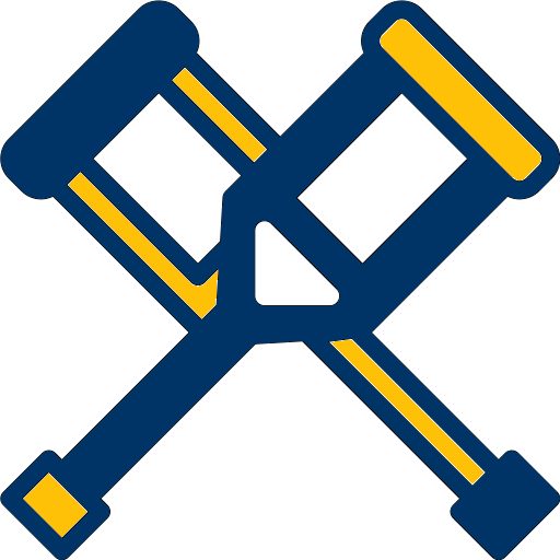 Crutches a pair of crutches icon in navy and gold depicting non-prescription assistive items like knee rollers, wheelchair, tub shower transfer bench, heating pad, ice packs, TENS unit and more