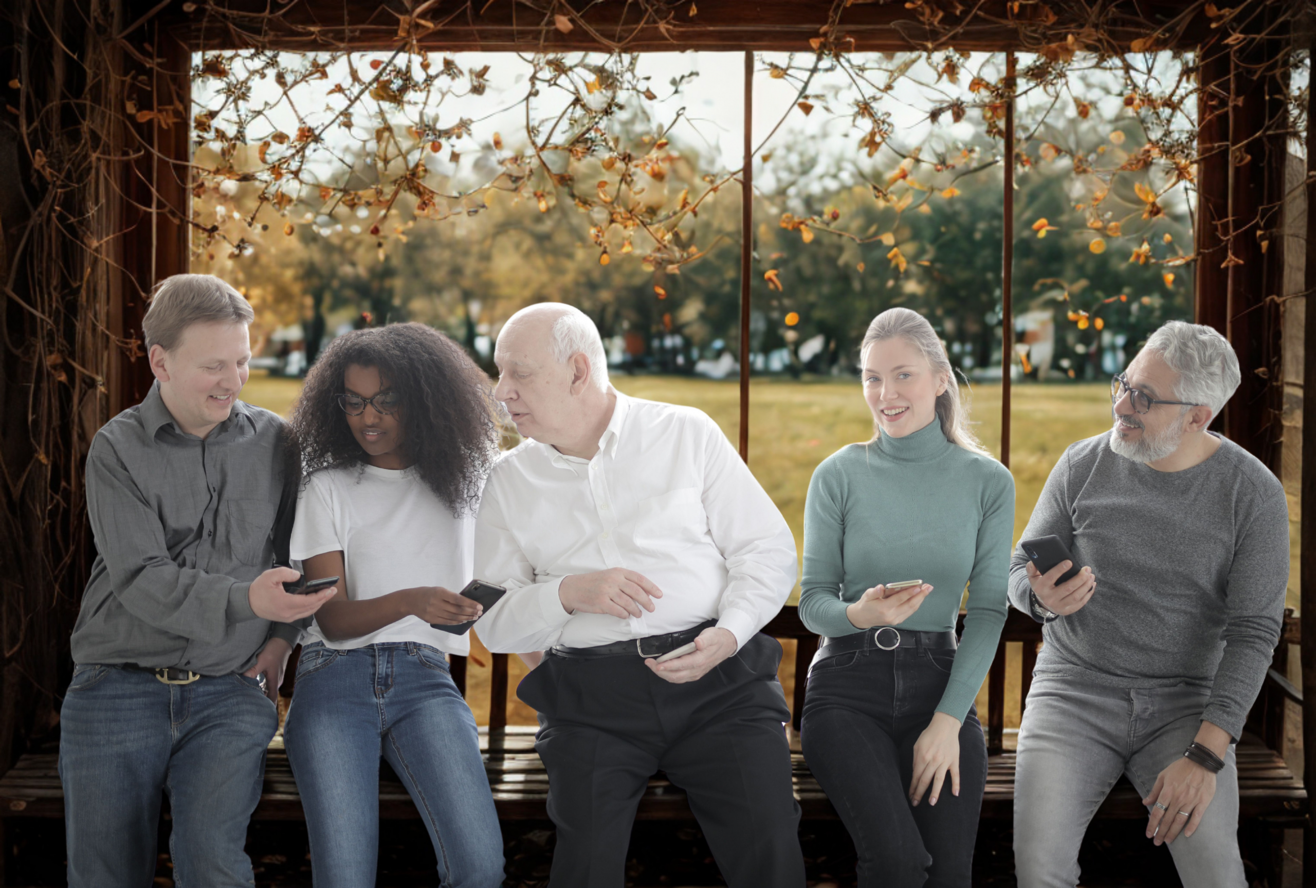 Multigenerational, diverse group using Life Backup Plan on their phones Multigenerational, ethnically diverse group stting in front of a large window, using Life Backup Plan on their phones