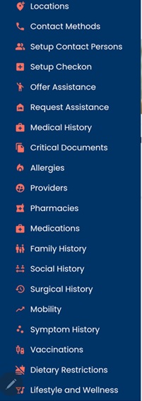 Life Backup Plan Full Feature Menu Main menu screen of Life Backup Plan with navy background, showing features of medical history, dietary restrictions, family health history, social health history, surgical history, medications, vaccinations, healthcare providers, allergies, pharmacies, lifestyle, wellness and symptom tracking, mobility, offer and request assistance, request Check-In™, organize emergency contacts, and store critical document locations,
