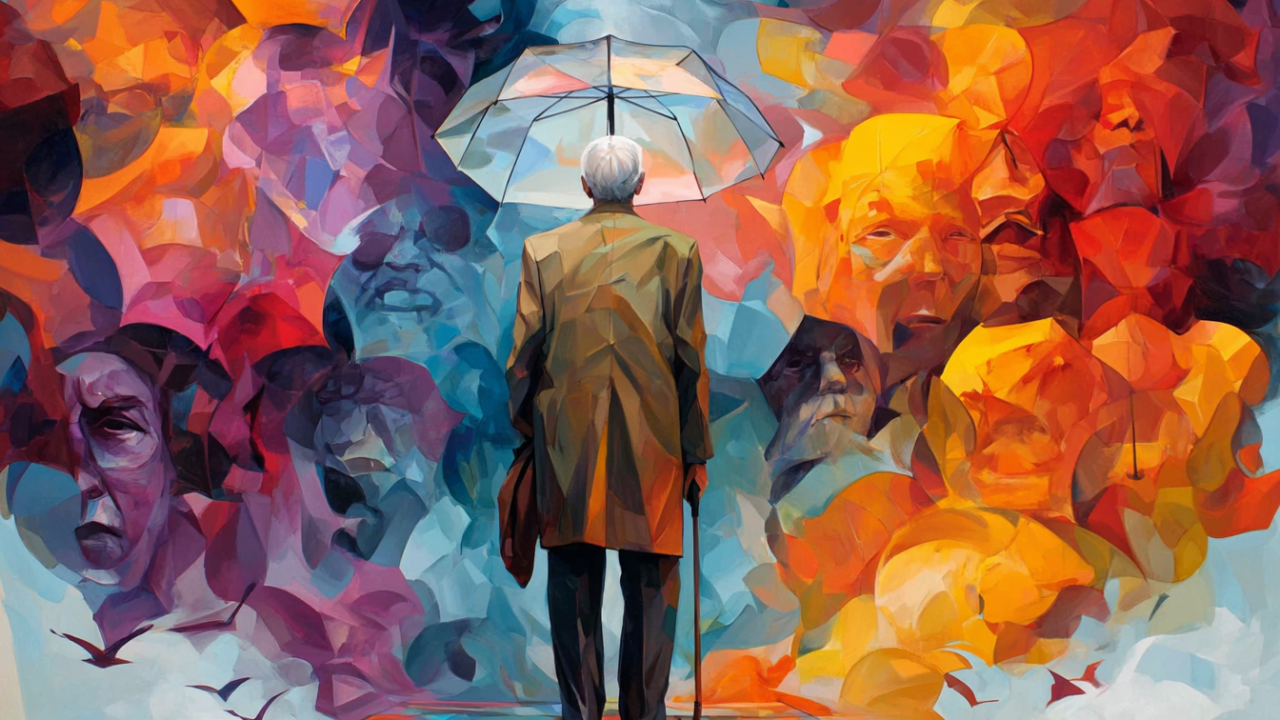 Elderly man with umbrella walking amonst a sea of abstract colorful faces in Mash Bonigala BRANDEM OS article about Life Backup Plan