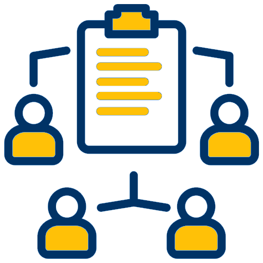 PHI sharing - navy and gold Patient medical chart icon in navy and gold being shared with multiple people, depicting electronic health records systems