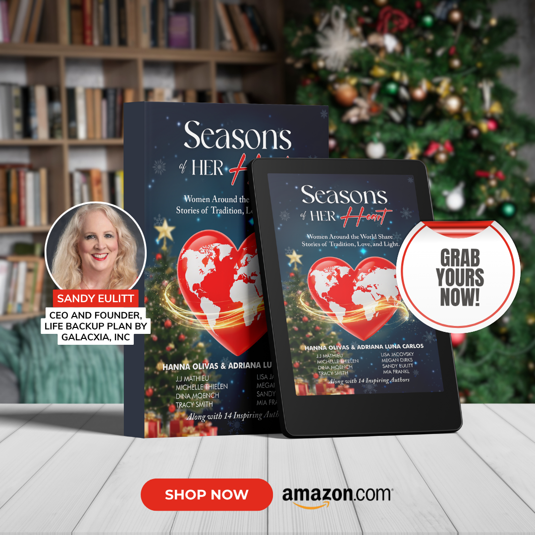 Seasons of Her Heart book cover with Sandy Eulitt Seasons of her Heart anthology book published by She Rises Studios, featuring chapter by Sandy Eulitt, founder and CEO of Life Backup Plan by Galacxia, Inc and her story, "Scarlett and the Lady in Red"