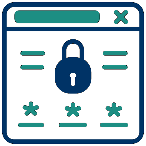 code words - navy and teal An icon of paper, words, stars and a locked lock in navy and teal depicting silent SOS and code words