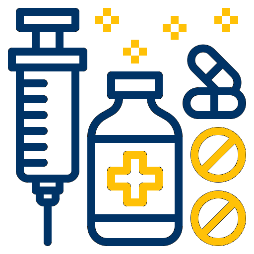 medications - gold Navy and gold icon of a medical shot needle, prescription bottle, and pills, depicting medicaitons
