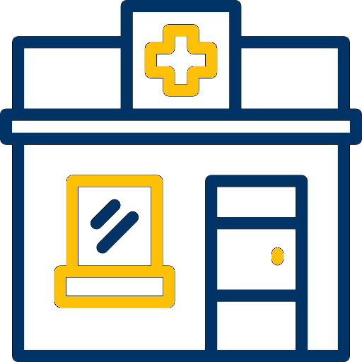 pharmacy - navy and gold healthcare facility icon in navy and gold with medical cross at the top of the building