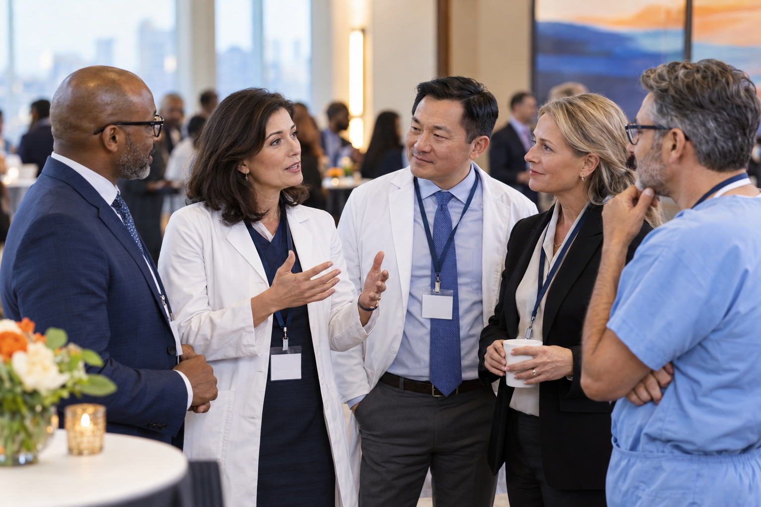 Dr. Allison Lamont Interdisciplinary Physician Networking Physicians and healthcare professionals having an interdisciplinary networking conversation at a medical conference.