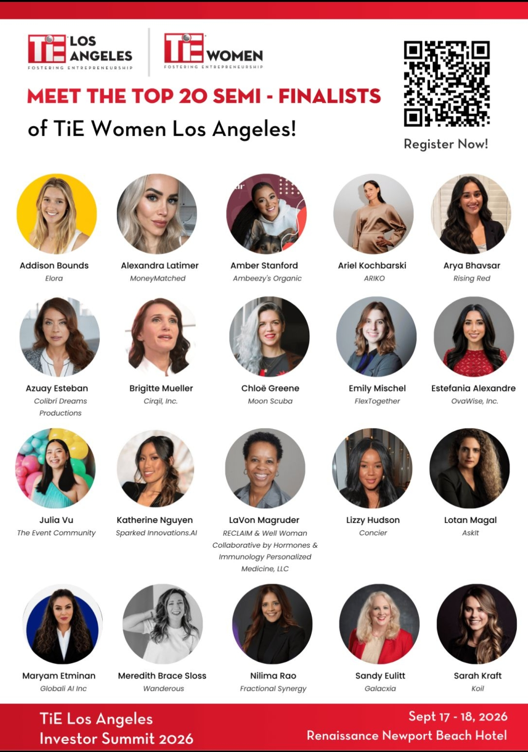 The Indus Entrepreneur (TiE) LA Chapter 2026 Global Women's Pitch Competition Semi-Finalists, including Sandy Eulitt, Founder and CEO of Life Backup Plan